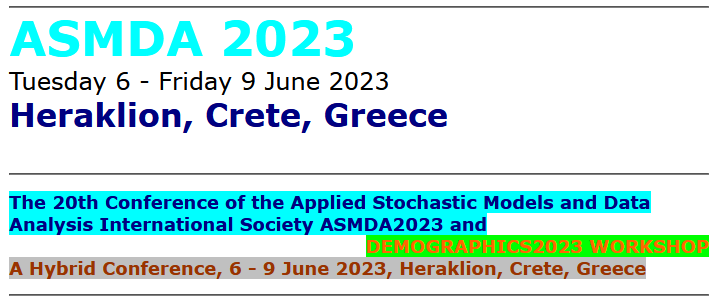 20ο Διεθνές Επιστημονικό Συνέδριο “Applied Stochastic Models and Data Analysis – ASMDA (6-9 Ιουνίου 2023, ΕΛΜΕΠΑ)